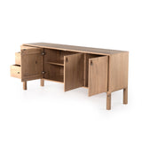 waller sideboard solid poplar wood light brown top grain leather iron accents modern design open view