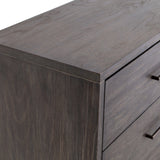 Wesley 6 Drawer Dresser made with grey oak that has iron handles and base 