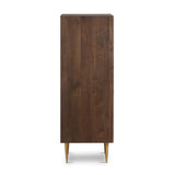 Pendent 5 Drawer Dresser chesnut brown walnut wood stainless steel gold accents modern design side view