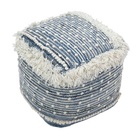 Elias Pouf blue denim white wool fringe pouf trendy polka design