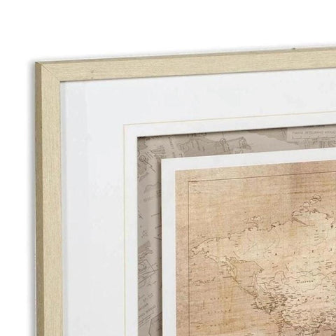 Double World Map tan white paper print brown wood frame