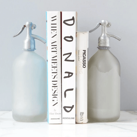 seltzer bottles gold silver white frosted