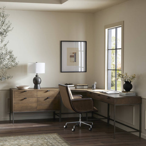 Nathan Desk brown wood body black metal airy base mid-century front view