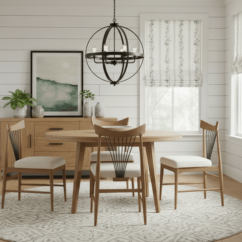 Granger Dining Chair bowed oak wood brown frame black iron back ivory upholstery seat