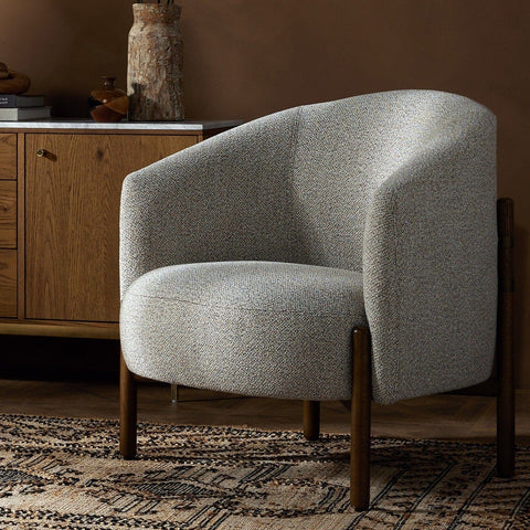 Sorela Chair sand ivory polyester cotton blend brown oak wood frame bronze iron back