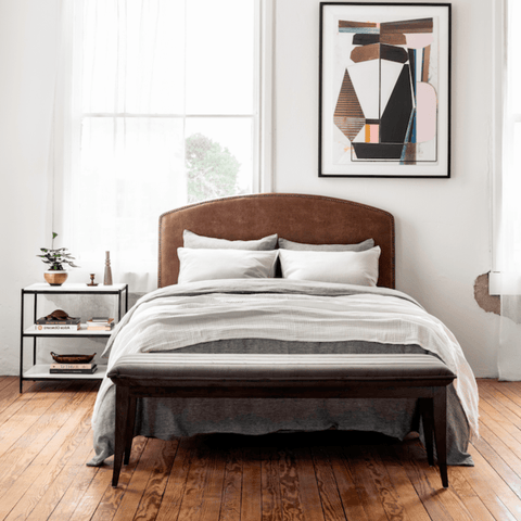 Barton Headboard in Vintage Tobacco With Demo Bed Angled Sideview