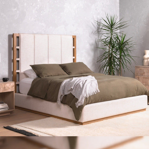 Haver Bed viscose polyester blend ivory solid oak wood light brown frame main view