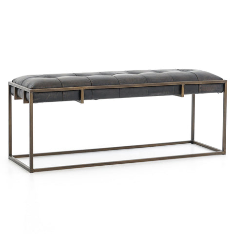 Royce black leather tufted bench brass frame