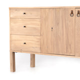 waller sideboard solid poplar wood light brown top grain leather iron accents modern design angled view