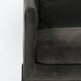 Conrad Chair mid-century modern style polyester velvet deep smoke grey fabric black wooden legs close side view
