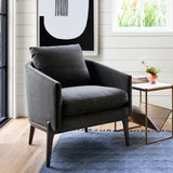 Conrad Chair mid-century modern style polyester velvet deep smoke grey fabric black wooden legs staged view