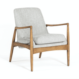Ontario Armchair in grey polyester upholstery and light brown nettlewood frame