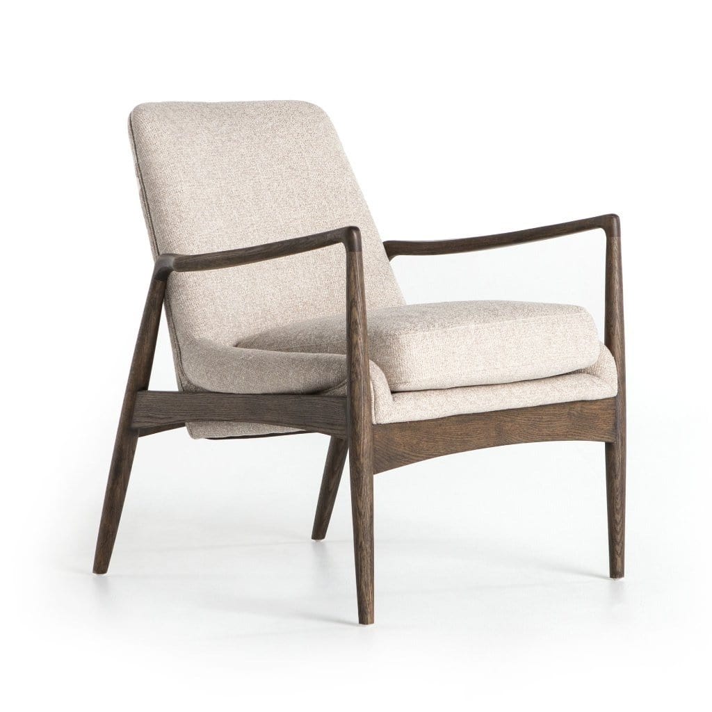 Ontario Armchair in ivory polyester upholstery and dark brown nettlewood frame