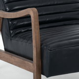 Malone Chair black leather channeling curved brown wood frame close arm view
