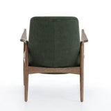Ontario Armchair in sage green top grain leather and light brown brown nettlewood frame