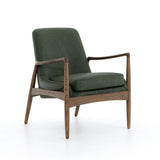Ontario Armchair in sage green top grain leather and light brown brown nettlewood frame
