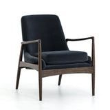 Ontario Armchair in smoke grey velvet upholstery and dark brown nettlewood frame