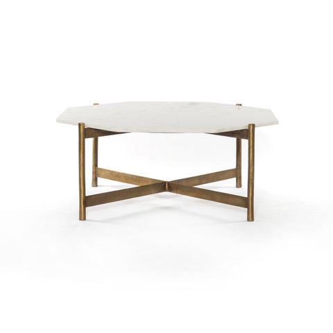 Alistair brass base white marble hexagon top coffee table glam