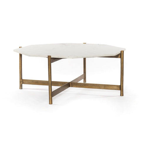 Alistair brass base white marble hexagon top coffee table glam