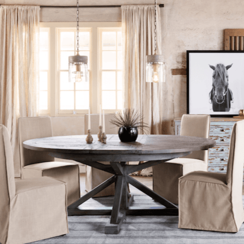 Benchwright antique grey oak round dining table online by inspire q artisan