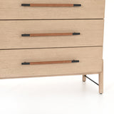 Serge Tall Dresser made of wheat brown oak wood with dark brown top grain leather and iron black accents