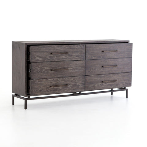 Wesley 6 Drawer Dresser made with grey oak that has iron handles and base 