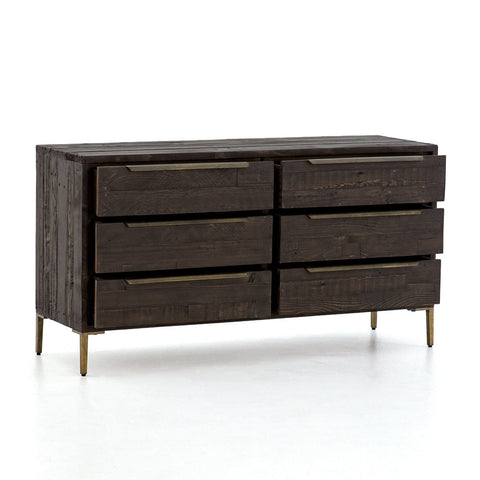 Whitney 6 drawer dark reclaimed wood brass dresser