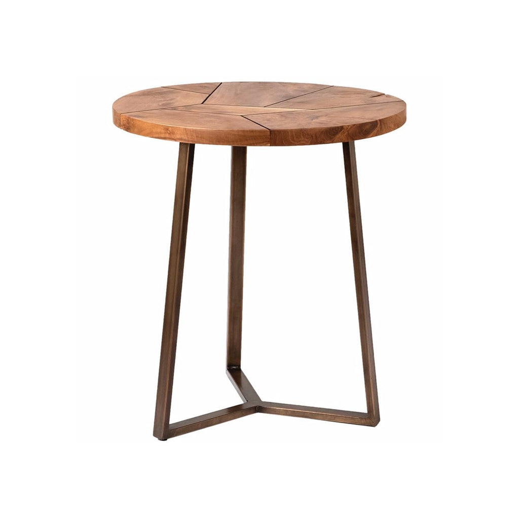 Puzzle End Table round teak wood top brass metal frame