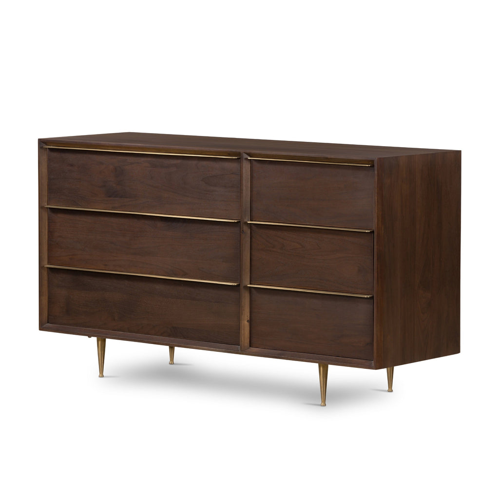 Pendent 5 Drawer Dresser chesnut brown walnut wood stainless steel gold accents modern design main view