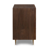 Pendent 5 Drawer Dresser chesnut brown walnut wood stainless steel gold accents modern design side view
