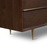 Pendent 5 Drawer Dresser chesnut brown walnut wood stainless steel gold accents modern design base view