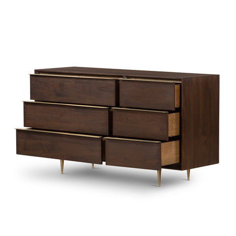 Pendent 5 Drawer Dresser chesnut brown walnut wood stainless steel gold accents modern design main view