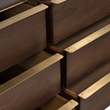 Pendent 5 Drawer Dresser chesnut brown walnut wood stainless steel gold accents modern design accent view