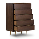Pendent 5 Drawer Dresser chesnut brown walnut wood stainless steel gold accents modern design open view