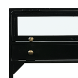 Jaxon Nightstand matte black iron frame brass handles glass shadowbox top close view