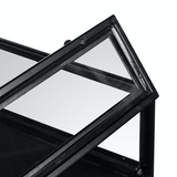 Jaxon Nightstand matte black iron frame brass handles glass shadowbox top 