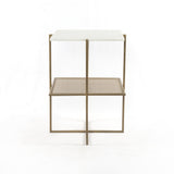 Verlean Nightstand front side white sqaure marble top brass holed shelf iron brass base modern sustainable furniture