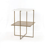 Verlean Nightstand front white sqaure marble top brass holed shelf iron brass base modern sustainable furniture