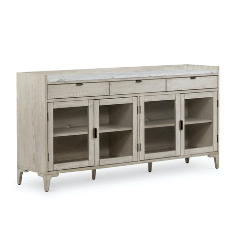 Freya Sideboard white washed grey oak glass doors italian white marble top farmhouse modern sustainable furniture trendy front view