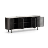 Lars Sideboard perforated gunmetal grey iron frame white marble inlay rounded edges open