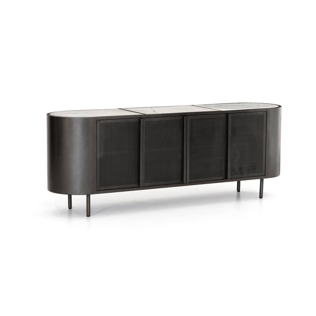 Lars Sideboard perforated gunmetal grey iron frame white marble inlay rounded edges