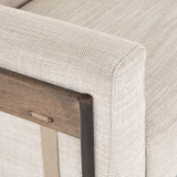 Kelby Sofa ivory polyester seat mocha brown top grain leather straps gunmetal bronze iron frame brown parawood slabs