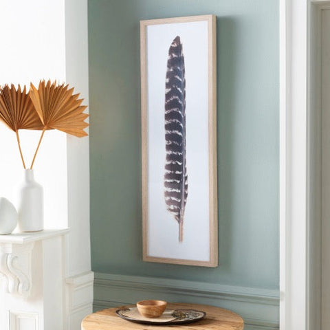 brown feather print artwork with rectangular wood frame front view