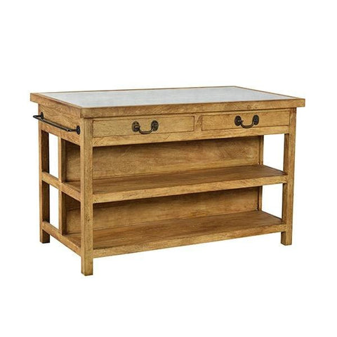 Arlington Kitchen Island is made of brown Reclaimed Wood and has a White Marble top with black Iron accents