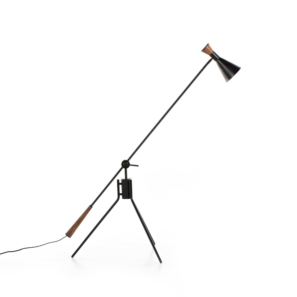 Justin Floor Lamp black iron frame solid acacia wood natural brown finish modern style piece light fixture main view