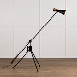 Justin Floor Lamp black iron frame solid acacia wood natural brown finish modern style piece light fixture room view