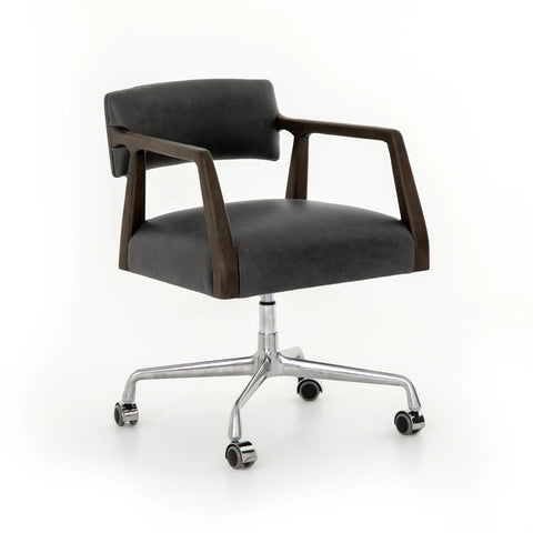 Westin black leather swivel desk chair dark oak arm