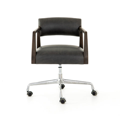 Westin black leather swivel desk chair dark oak arm