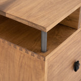 Theodora Filing Cabinet brown wood body iron sleek legs leather handles close view