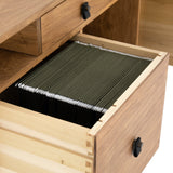 Theodora Filing Cabinet brown wood body iron sleek legs leather handles close view